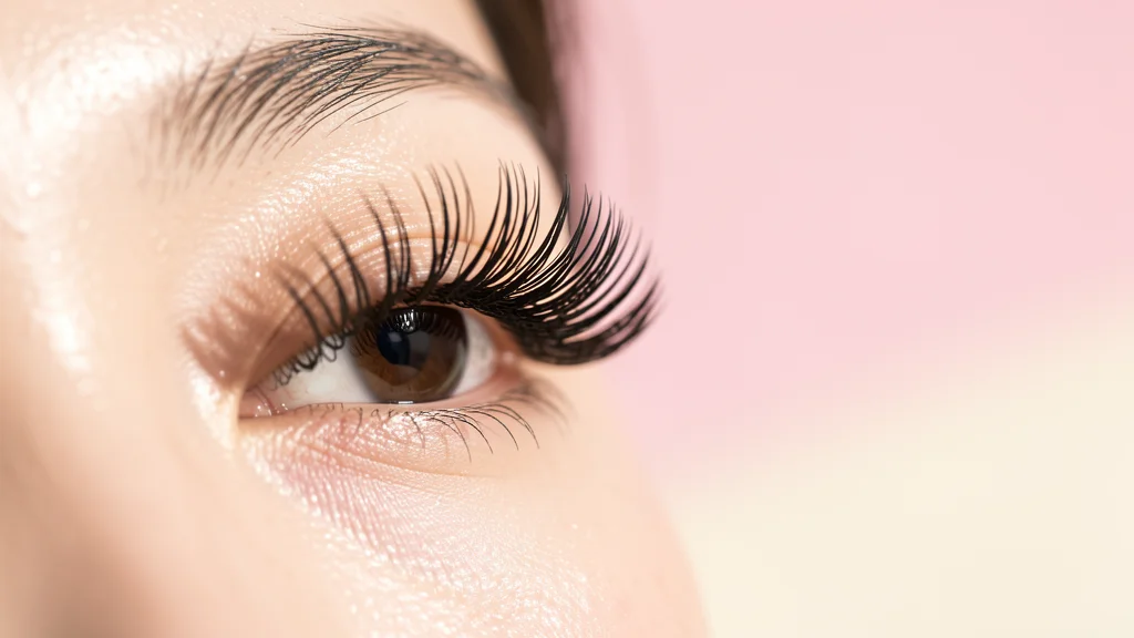 Close-up of long, dark Korean eyelash extensions fanned in a wispy hybrid style against a soft pink background